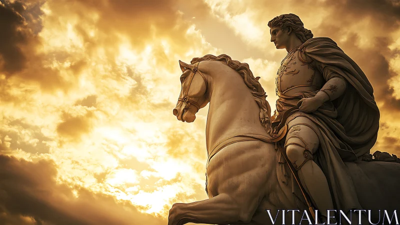 Equestrian marble statue under dramatic golden sunset sky.