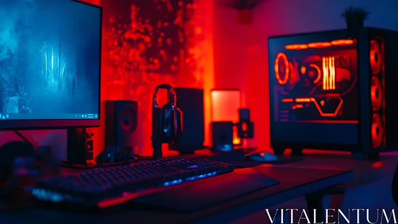 RGB gaming PC workstation glows under neon red light.