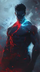 Elemental warrior with split red blue energy core.