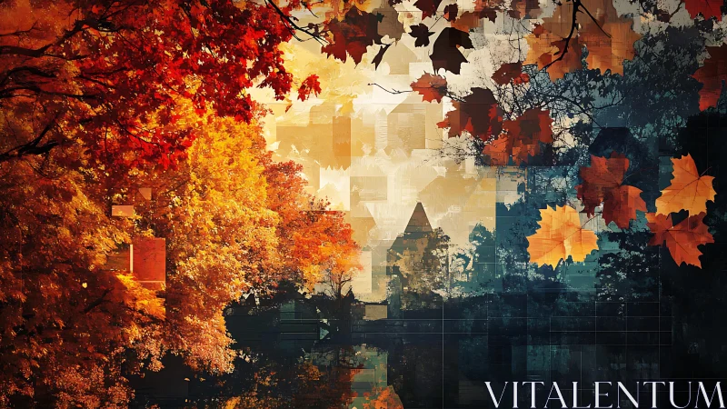 Autumnal forest matrix with architectural silhouettes composited.
