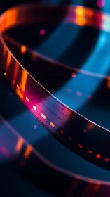 Curved photographic film strip with neon light reflections.