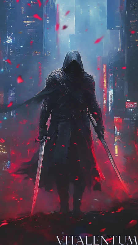 Hooded cyberpunk assassin strides through neon storm of blades.