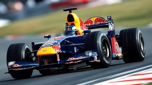 Red Bull Formula One car powers through fast racing corner.