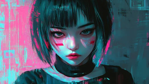 Cyberpunk portrait with neon cyan-magenta split lighting and glitch artifacts