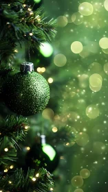 Green ornament on illuminated artificial evergreen tree branch.