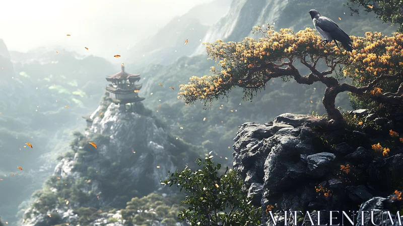 Digital painting of misty mountain shrine with lone bonsai raven.