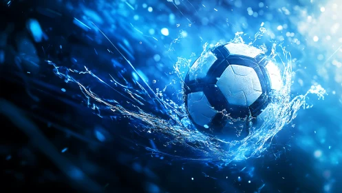 Soccer ball impacting blue liquid surface with dynamic splash.