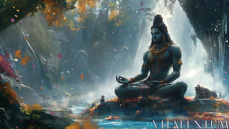 Mountain cave hush cradles meditating blue deity in light