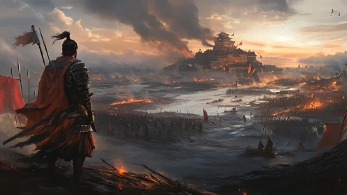 Armored warlord surveys burning fortress at dusk.