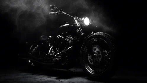 Low key studio portrait isolates custom cruiser motorcycle silhouette