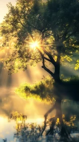 Gentle sunrise through a riverside tree in golden mist.