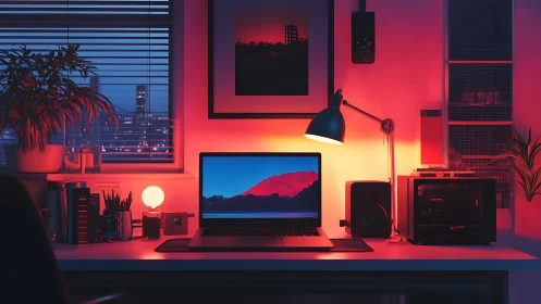 Cinematic dual-tone workspace with laptop and ambient lighting.