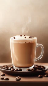 Glass mug of steaming latte with coffee beans on saucer