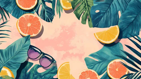 Summer citrus and palm leaves framing pastel beach space.