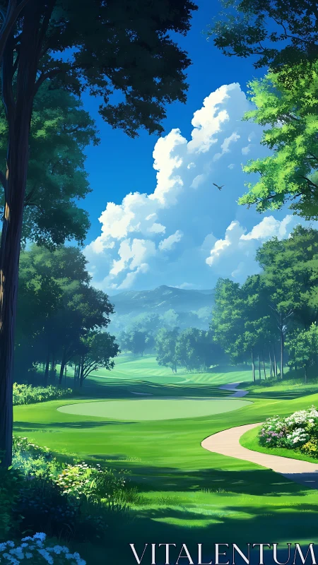 Sunlit forest golf fairway under towering summer clouds.