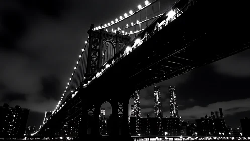 Suspended bridge arcs over a glowing monochrome city night