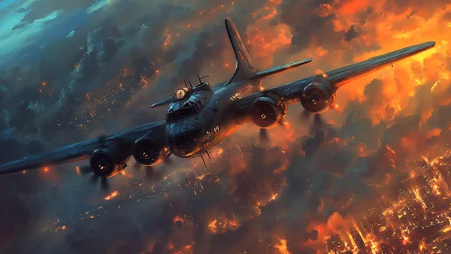 Storm-forged bomber skims a burning horizon of city fire.