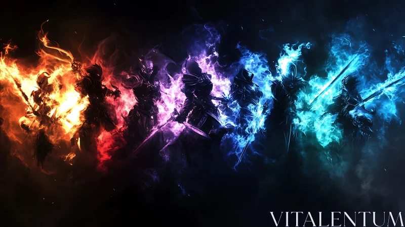 Elemental spectral warriors align in chromatic flame gradients