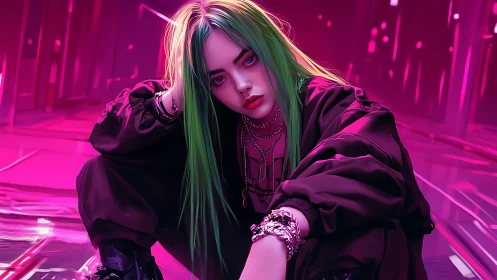 Neon green rebel brooding inside ultraviolet city glow.