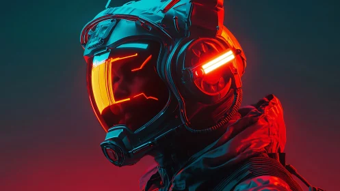 Futuristic astronaut helmet with neon red visor glow.