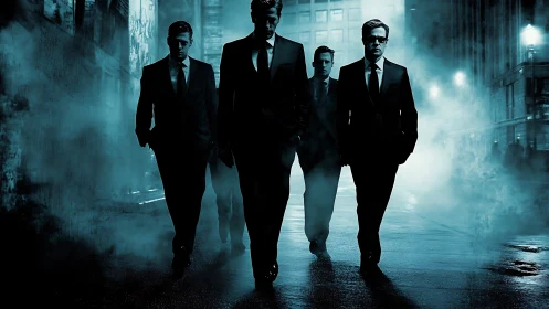 Five suited silhouettes in blue foggy urban nightscape