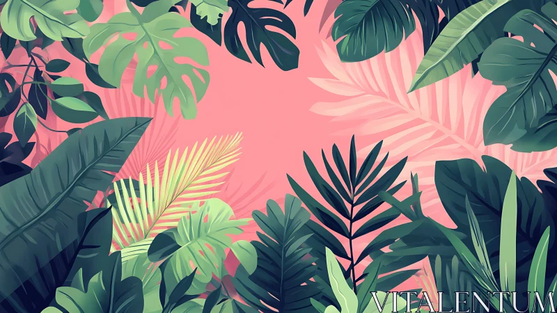 Digital illustration shows tropical foliage framing pink void