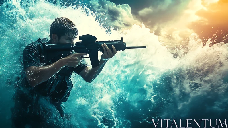 Armed Figure in Dynamic Ocean Wave Setting with Dramatic Sky