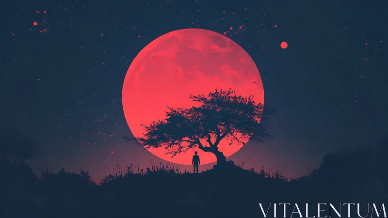 Solitary figure under vast red moon and night sky.