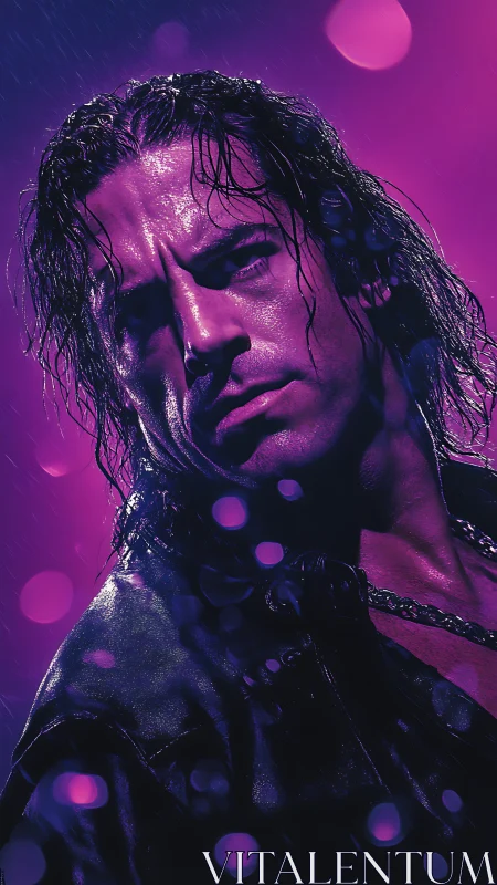 Neon-lit wet portrait of intense man under purple rain.