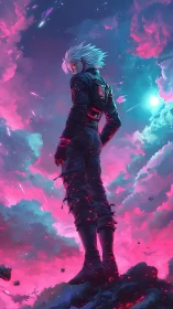 Neon-lit anime warrior stands against a turbulent cosmic sky