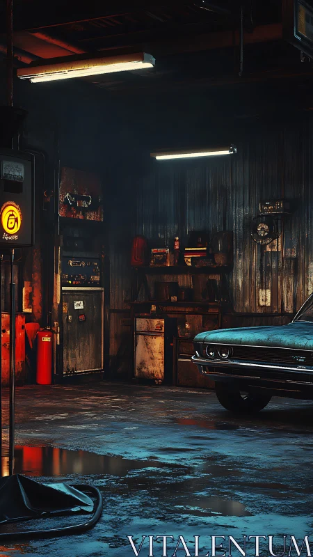 Rustic auto garage with classic car under moody neon light.