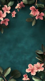 Pink flowers and foliage arranged against dark teal textured background.