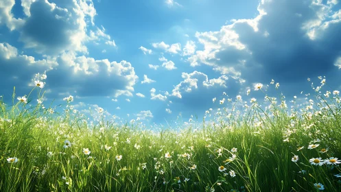 Digital landscape shows grassy field with daisies under clouds
