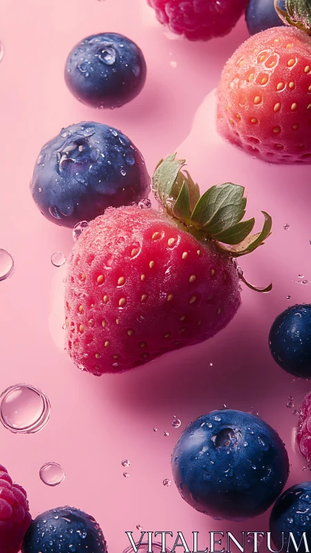 High-key macro study isolates dewy berries on pink surface