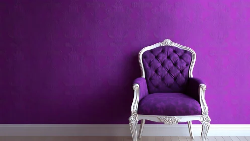 Purple tufted armchair against ornate purple wall background