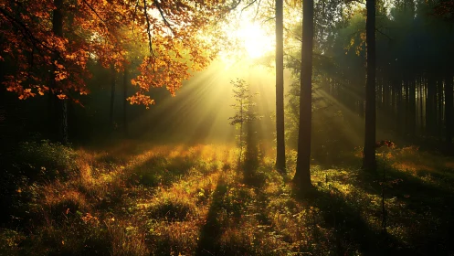 Sunlight streaming through autumn forest in golden morning light.