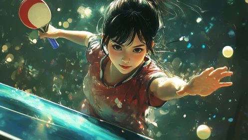 Digital painting depicts table tennis player in forward lunge