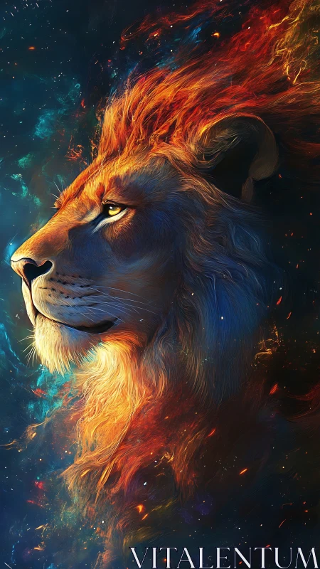 Cosmic lion profile radiates firelit mane through nebula sky