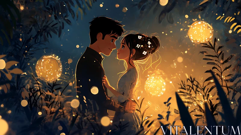 Luminescent Romance: Two Figures Among Glowing Orbs.