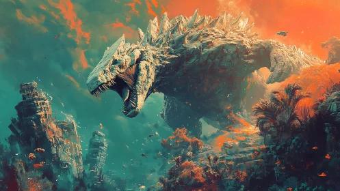 Colossal reptilian creature traverses ruined coastal cityscape