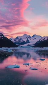 Glacial fjord reflects vivid pink twilight clouds and peaks
