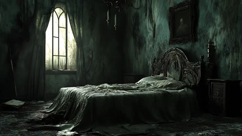 Gothic decay bedroom with baroque bedframe and spectral light.