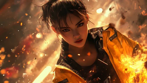Female Character in Orange Jacket with Fire Effects.
