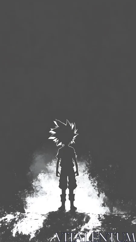 Silhouetted anime boy stands over glowing abstract ground.