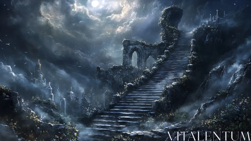 Moonlit stone stairway through ruins toward distant towers.