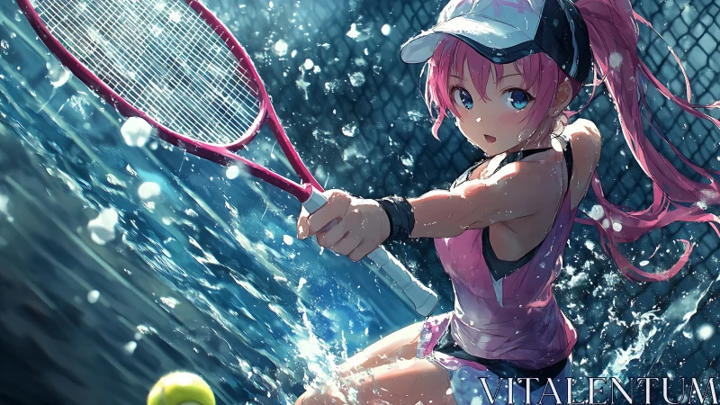 Energetic pink haired tennis player swings into a lively match