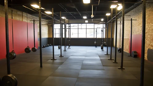Industrial loft CrossFit gym with black rigs and weights.