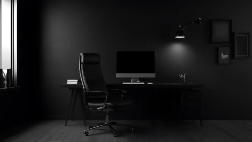 Midnight-black minimalist workspace in cinematic hush.
