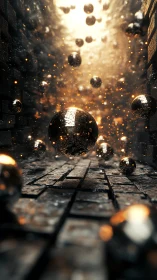 Gleaming orbs drift through a molten corridor of broken stone.