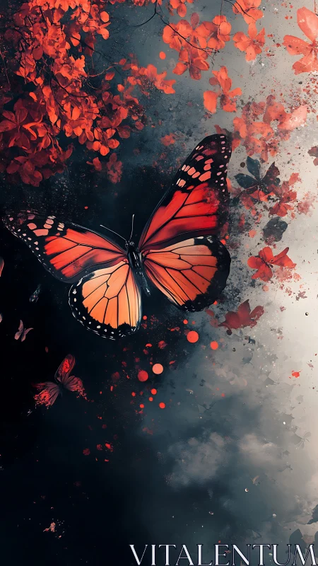 Monarch butterfly amid red leaves and dark abstract sky.